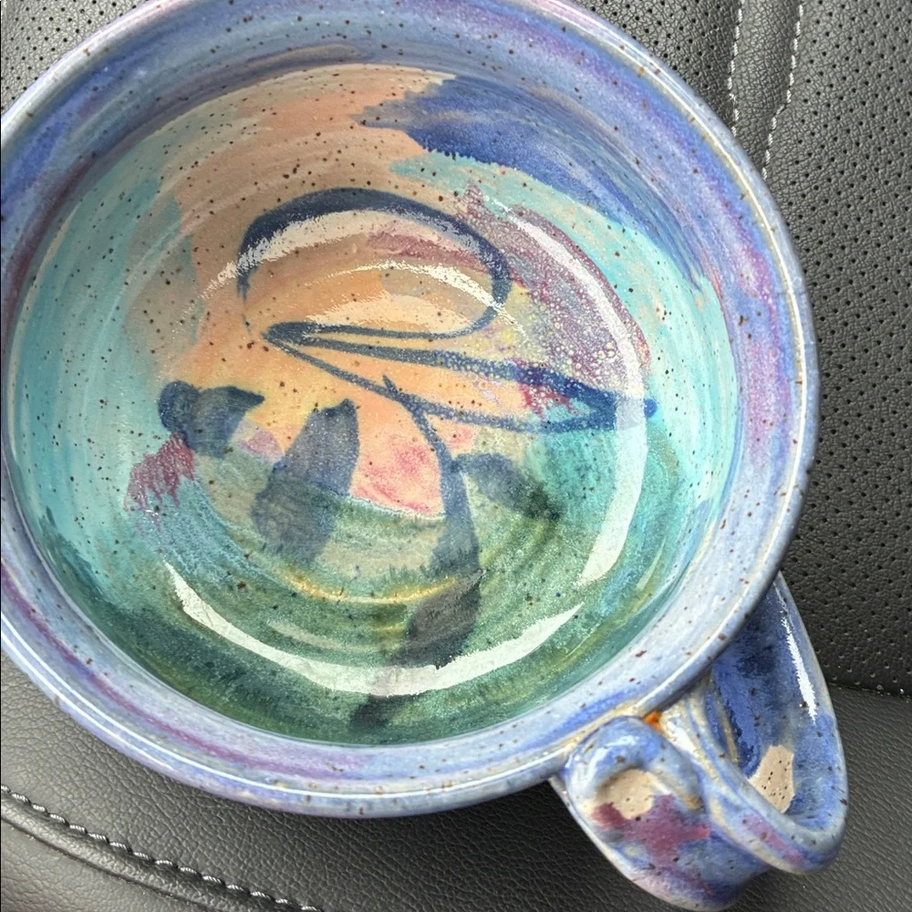 Handcrafted Multicolor Pottery Bowl with handle - Picture 3 of 5